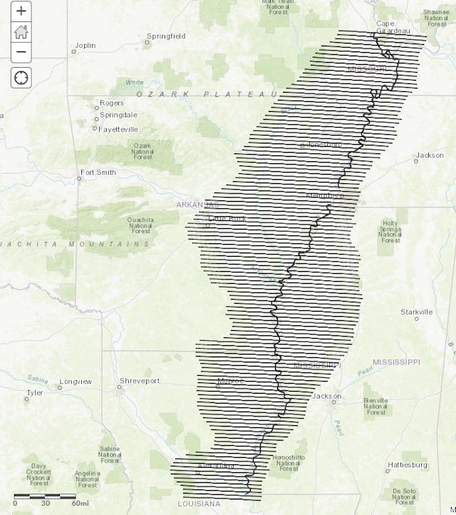 An overview map of planned flight lines for the upcoming Mississippi Alluvial Plain aerial survey. The map is also available online.