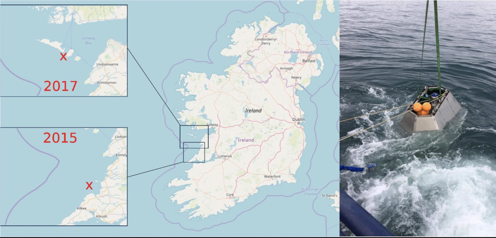 A map of the Irish coast showing two locations where waves were monitored using an acoustic device for several months in 2015 and 2017.