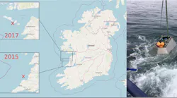 A map of the Irish coast showing two locations where waves were monitored using an acoustic device for several months in 2015 and 2017.