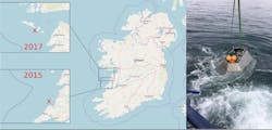 A map of the Irish coast showing two locations where waves were monitored using an acoustic device for several months in 2015 and 2017.