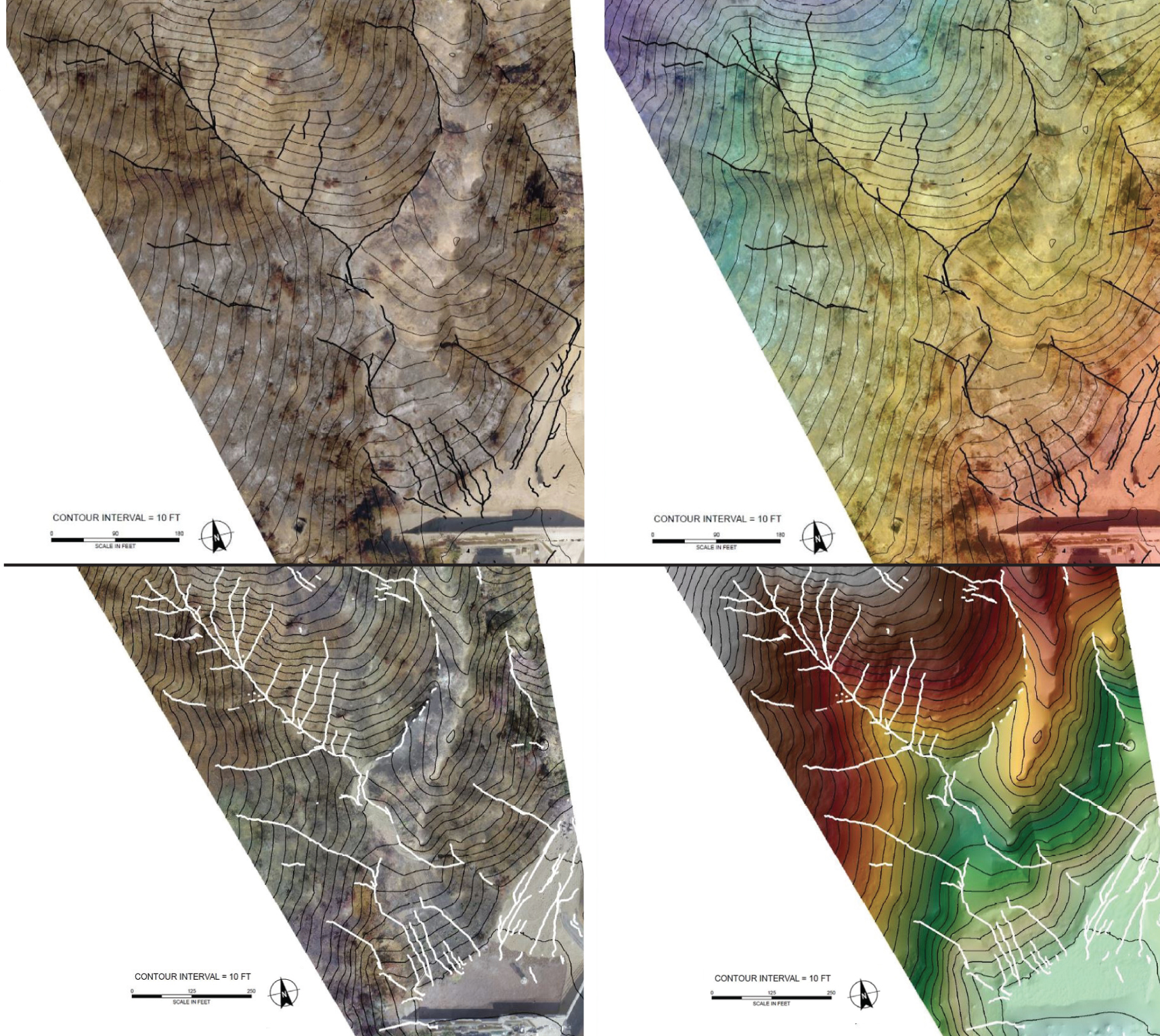 High resolution hill shade orthomosaic of a portion of the Las Lomas watershed. The contour interval is 10 feet and the scale bar is 180 feet. Top: The UAS flight operation was conducted on December 24, 2016, following a series of moderate to intense rainstorms over the burn area. Revised hydrologic flow paths based on the updated digital surface model from the UAS flight are shown as black bold lines and highlight new possible flow directions. On the right, a colored elevation digital terrain model overlay. Bottom: The UAS flight operation was conducted on October 15, 2016, prior to any rainfall over the burn area. Hydrologic flow paths derived in GIS are shown as black bold lines and depict possible paths where water may flow. On the right, a colored elevation digital terrain model overlay.