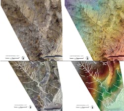 High resolution hill shade orthomosaic of a portion of the Las Lomas watershed. The contour interval is 10 feet and the scale bar is 180 feet. Top: The UAS flight operation was conducted on December 24, 2016, following a series of moderate to intense rainstorms over the burn area. Revised hydrologic flow paths based on the updated digital surface model from the UAS flight are shown as black bold lines and highlight new possible flow directions. On the right, a colored elevation digital terrain model overlay. Bottom: The UAS flight operation was conducted on October 15, 2016, prior to any rainfall over the burn area. Hydrologic flow paths derived in GIS are shown as black bold lines and depict possible paths where water may flow. On the right, a colored elevation digital terrain model overlay. High resolution hill shade orthomosaic of a portion of the Las Lomas watershed. The contour interval is 10 feet and the scale bar is 180 feet. Top: The UAS flight operation was conducted on December 24, 2016, following a series of moderate to intense rainstorms over the burn area. Revised hydrologic flow paths based on the updated digital surface model from the UAS flight are shown as black bold lines and highlight new possible flow directions. On the right, a colored elevation digital terrain model overlay. Bottom: The UAS flight operation was conducted on October 15, 2016, prior to any rainfall over the burn area. Hydrologic flow paths derived in GIS are shown as black bold lines and depict possible paths where water may flow. On the right, a colored elevation digital terrain model overlay.