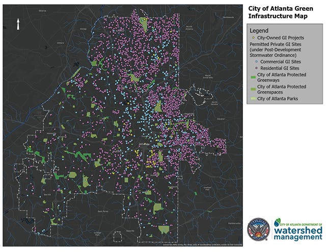 Figure 1: This shows the existing GI citywide&mdash;projects permitted on private property, public engineered GI DWM installed in Parks, ROWs, etc., and the existing network of protected greenspaces (parks and natural areas).