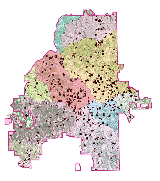 Figure 2: Approximate locations of 443 i-Tree Eco plots by watershed in Atlanta