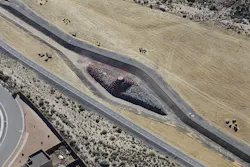 Aerial view of the volcano, the stabilizied channel, and the adjacent bike path.