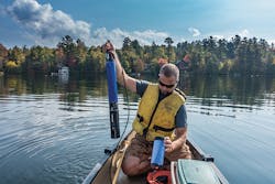 Corey Laxson from the Paul Smith’s College Adirondack Watershed Institute preparing to deploy a YSI EXO3 sonde in Mirror Lake. Corey Laxson from the Paul Smith’s College Adirondack Watershed Institute preparing to deploy a YSI EXO3 sonde in Mirror Lake.