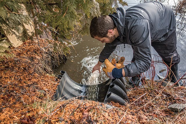 Corey Laxson collecting a stormwater runoff sample on Mirror Lake.