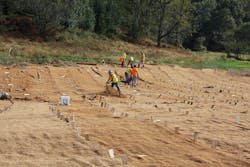 As part of the restoration, Bourn laid coir matting to stabilize the floodplain and banks. As part of the restoration, Bourn laid coir matting to stabilize the floodplain and banks.