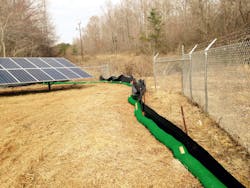 Compost filter socks, like Filtrexx SiltSoxx pictured here, can be used to slow and capture sheet flow from solar arrays. Compost filter socks, like Filtrexx SiltSoxx pictured here, can be used to slow and capture sheet flow from solar arrays.