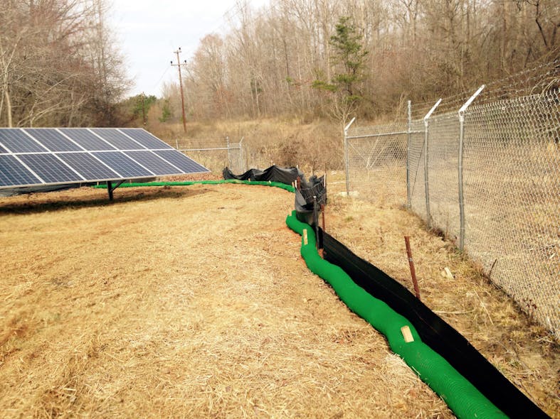 Compost filter socks, like Filtrexx SiltSoxx pictured here, can be used to slow and capture sheet flow from solar arrays.