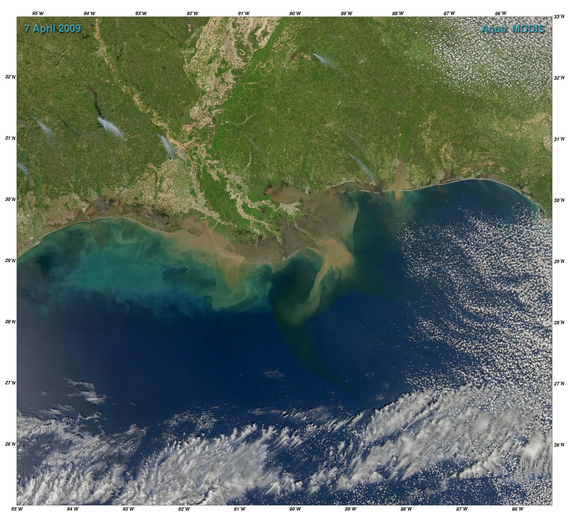 Sediment-laden water pours into the northern Gulf of Mexico from the Atchafalaya River.