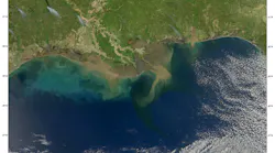 Sediment-laden water pours into the northern Gulf of Mexico from the Atchafalaya River.