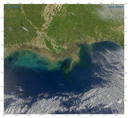 Sediment-laden water pours into the northern Gulf of Mexico from the Atchafalaya River. Sediment-laden water pours into the northern Gulf of Mexico from the Atchafalaya River.