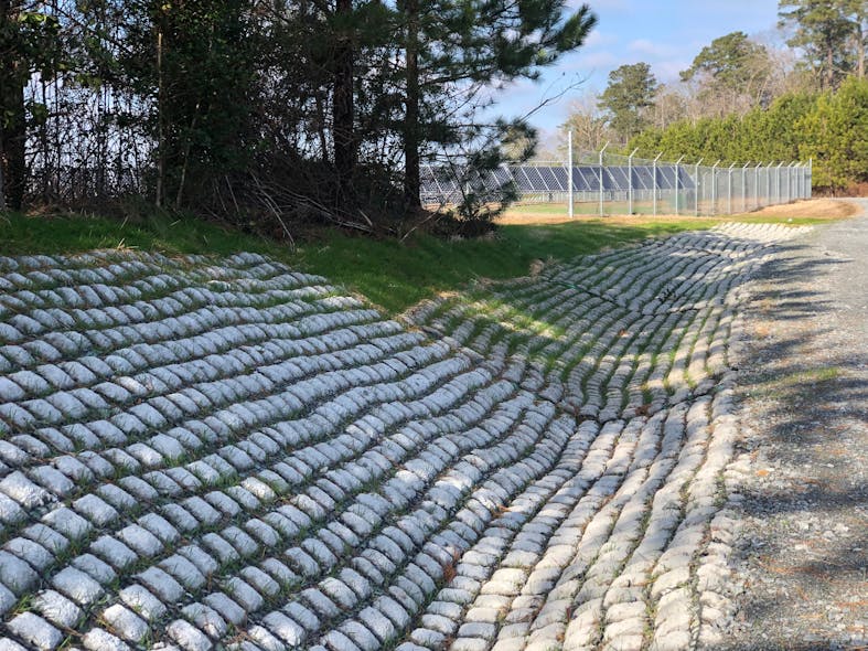 Flexamat used on a roadside at a solar farm access road. In areas with poor soils or driving sites, rip-rap is often specified to minimize erosion.