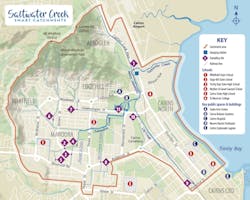 The map shows the sampling sites and gauging stations within the Saltwater Creek catchment. The map shows the sampling sites and gauging stations within the Saltwater Creek catchment.
