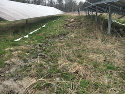 Eroded channel caused by concentrated stormwater flow before site vegetation was able to be established. Eroded channel caused by concentrated stormwater flow before site vegetation was able to be established.