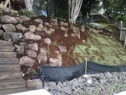 The immediate post-construction slope with the pre-vegetated blankets, boulders, and native plants