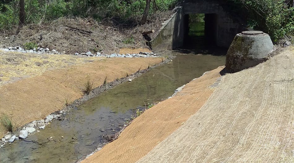 A sloped streambank gives way to a broad floodplain reducing erosion and flood risk to existing sewer infrastructure.