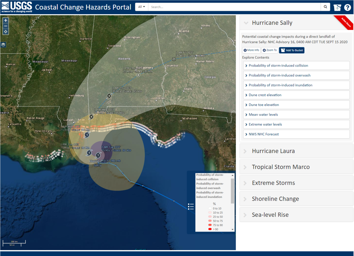 As Hurricane Sally approached the US Gulf Coast, the USGS Coastal Change Hazards team produced a series of forecasts for impacts on the beach. Forecasts were updated daily based on wave and storm surge forecasts from NOAA.