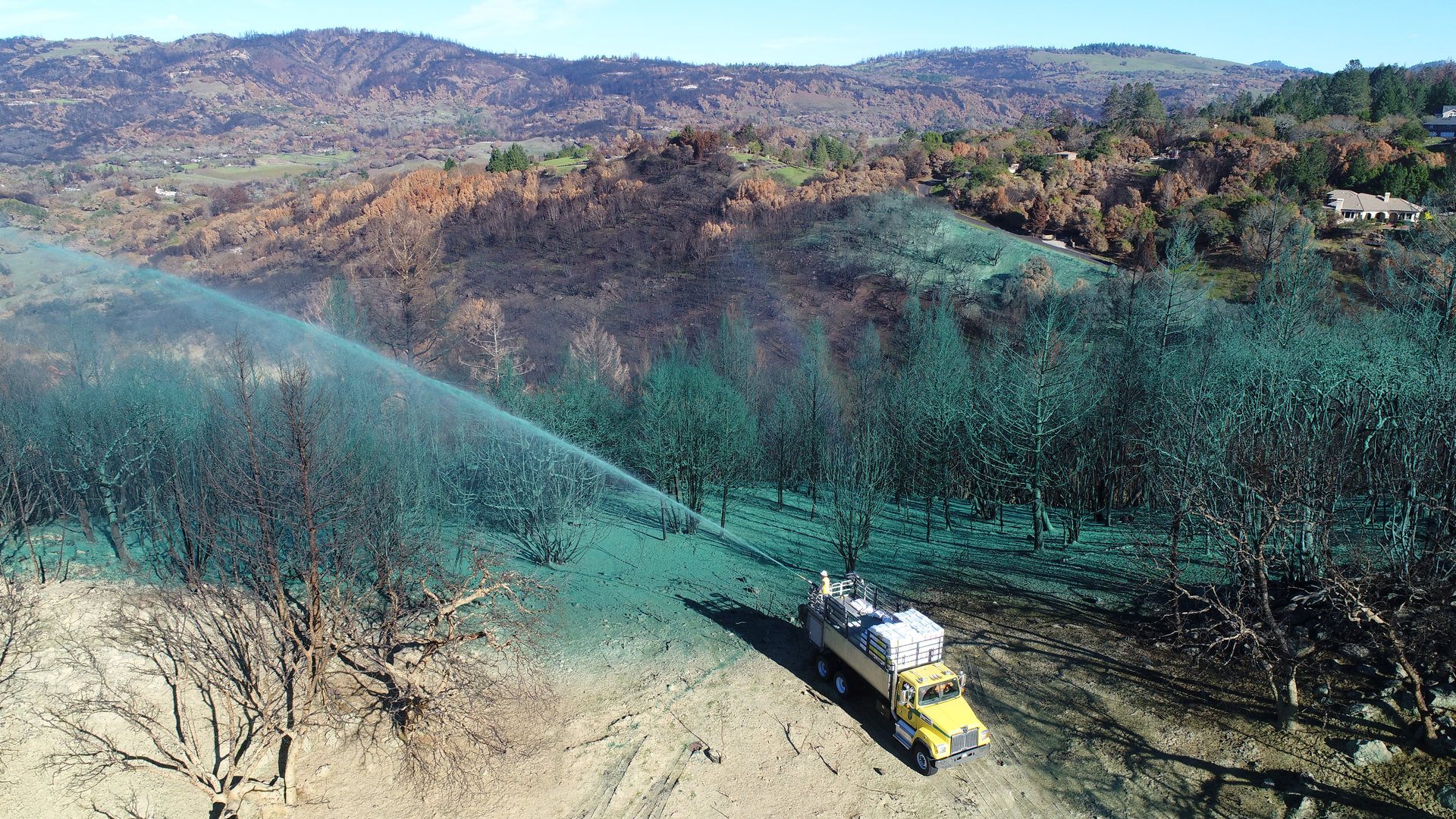 Hydroseeders can help stabilize soil after a fire without disturbing ash and burned debris.