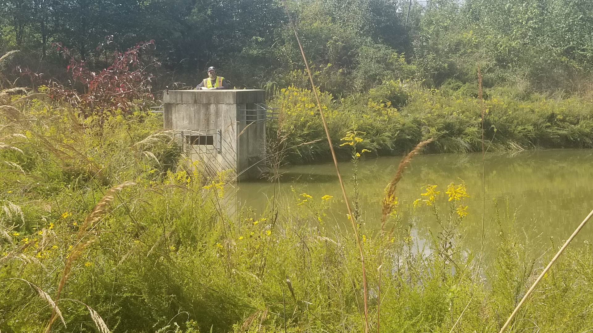 Inspection training at a Maryland DOT wet extended detention pond in Montgomery County, Maryland.