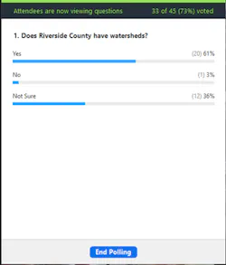 Example of a question from the Riverside County Watershed Protection Program’s Stormwater Pollution Prevention School Outreach Program’s Zoom poll. Example of a question from the Riverside County Watershed Protection Program’s Stormwater Pollution Prevention School Outreach Program’s Zoom poll.