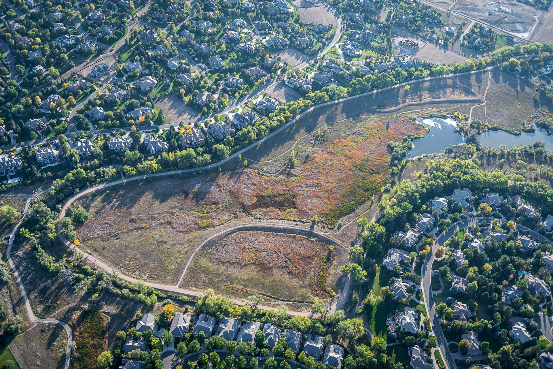 An aerial photo of the Canal as it meanders around Goldsmith Gulch and the Marjorie Perry Nature Preserve in Greenwood Village.