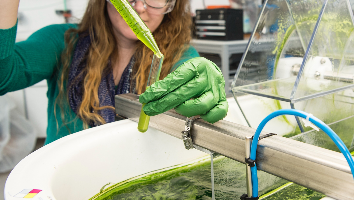 Intern taking algae samples from the Field Test Laboratory Building in Colorado