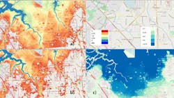 Top left (a): Simulation of the actual flood depth (meters) in a South Houston neighborhood. Bottom left (b): Simulation of the counterfactual flood if climate change increased precipitation by 38%. Bottom right (c): Attributable increase in flood depth (meters) if climate change increased precipitation by 38%. Top left (a): Simulation of the actual flood depth (meters) in a South Houston neighborhood. Bottom left (b): Simulation of the counterfactual flood if climate change increased precipitation by 38%. Bottom right (c): Attributable increase in flood depth (meters) if climate change increased precipitation by 38%.