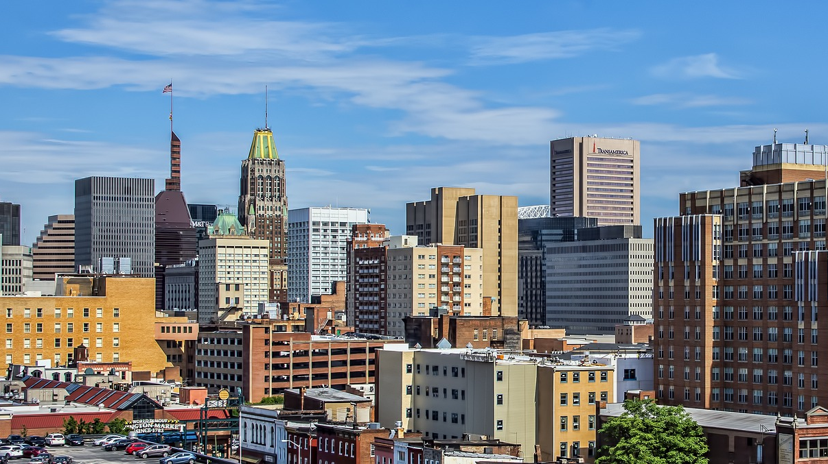 Skyline of Baltimore, Maryland - a major city of the state, and recipient of multiple DNR resiliency grants.
