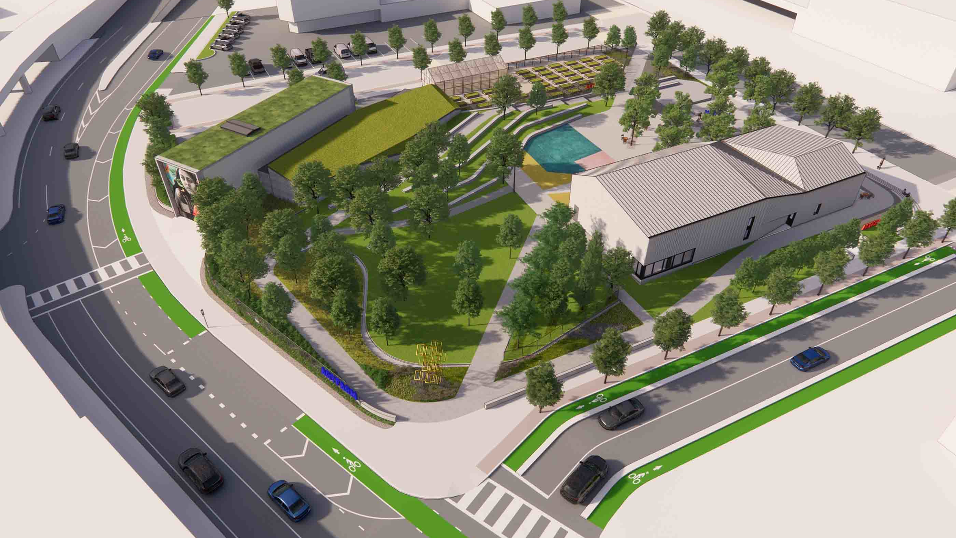 An elevated view of the Poplar Street Pump Station Project's terrestrial features, which includes green infrastructure BMPs and an amphitheater.