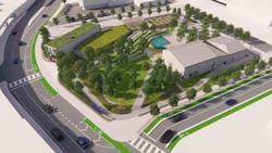 An elevated view of the Poplar Street Pump Station Project's terrestrial features, which includes green infrastructure BMPs and an amphitheater. An elevated view of the Poplar Street Pump Station Project's terrestrial features, which includes green infrastructure BMPs and an amphitheater.