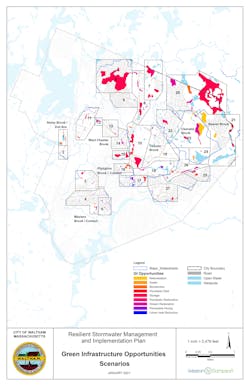Climate modeling can test resiliency interventions without actually constructing the project. Each of the 27 project areas we looked at could have multiple green infrastructure features, such as a floodable field, stream restoration, permeable paving, bioretention, and others. Climate modeling can test resiliency interventions without actually constructing the project. Each of the 27 project areas we looked at could have multiple green infrastructure features, such as a floodable field, stream restoration, permeable paving, bioretention, and others.