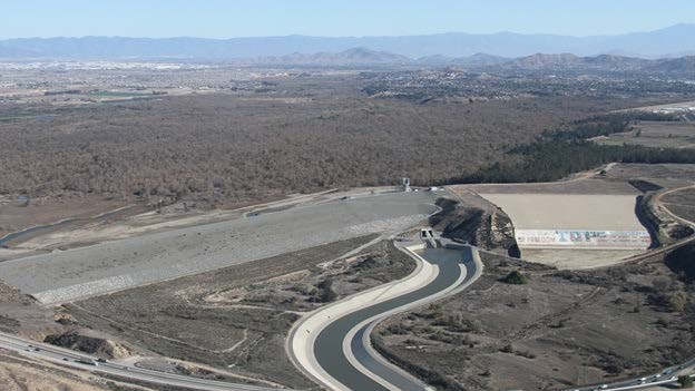 An aerial photo of the Prado Dam.