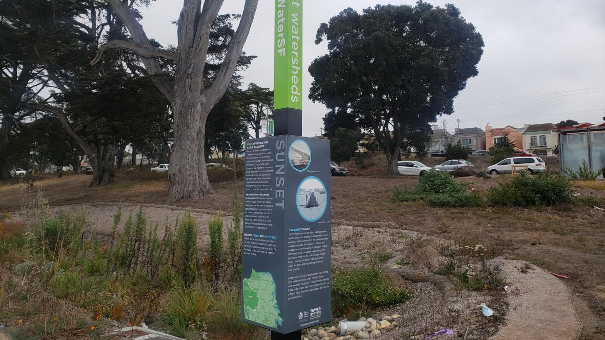 Information signage and drought-resistant plants at the finished Sunset Boulevard green infrastructure project.