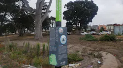 Information signage and drought-resistant plants at the finished Sunset Boulevard green infrastructure project.