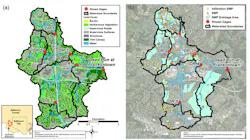 The study was conducted in the Dead Run watershed in suburban Baltimore, which has a mainstem stream-gauging station at Frankintown and five upstream gauged tributaries. The red dots on this map indicate U.S. Geological Survey stream-gauging stations. The study was conducted in the Dead Run watershed in suburban Baltimore, which has a mainstem stream-gauging station at Frankintown and five upstream gauged tributaries. The red dots on this map indicate U.S. Geological Survey stream-gauging stations.