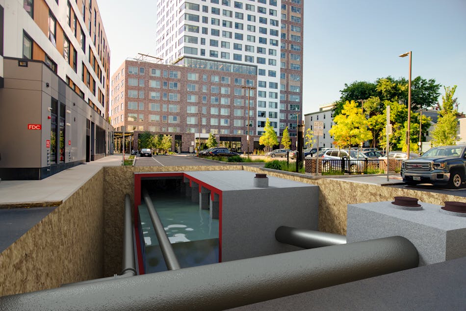 A rendering illustrates the stormwater tank and other subsurface elements beneath the restored Parking Lot No. 6, top, in the City of Cambridge, Mass.