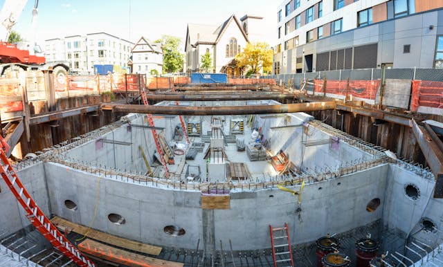 The stormwater tank under construction in fall 2019. The simultaneous construction of the Market Central towers (building shown on the right), less than 8 feet from the tank, required extensive coordination and geotechnical monitoring.