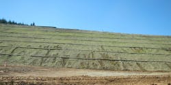 ODOT used ryegrass with straw wattles every 20 feet and geogrids every 10 feet for exposed slopes around the roadway. ODOT used ryegrass with straw wattles every 20 feet and geogrids every 10 feet for exposed slopes around the roadway.