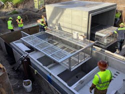 Twin NSBB-10-24 units installed in a 515-acre drainage basin in Melbourne treat approximately 86,176 gpm (45,294,105,600 gallons per year) and remove more than 4,000 lbs. of harmful pollution annually. Twin NSBB-10-24 units installed in a 515-acre drainage basin in Melbourne treat approximately 86,176 gpm (45,294,105,600 gallons per year) and remove more than 4,000 lbs. of harmful pollution annually.