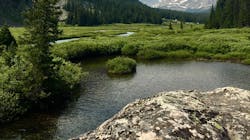 Snow and glacial melt from the Wind River Mountains in Wyoming feeds the Wind River via Dinwoody Creek. Snow and glacial melt from the Wind River Mountains in Wyoming feeds the Wind River via Dinwoody Creek.
