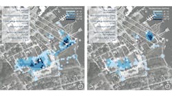Modeling projections of the proposed resiliency improvements show how significantly flooding will be reduced within Prescott Park and the larger neighborhood, as shown when a 10-year flood is compared under existing conditions (left) and proposed conditions (right).