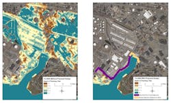The depth of flooding during a 1 percent probability storm in 2050 could be drastically different between existing infrastructure (LEFT) and the proposed solutions (RIGHT).