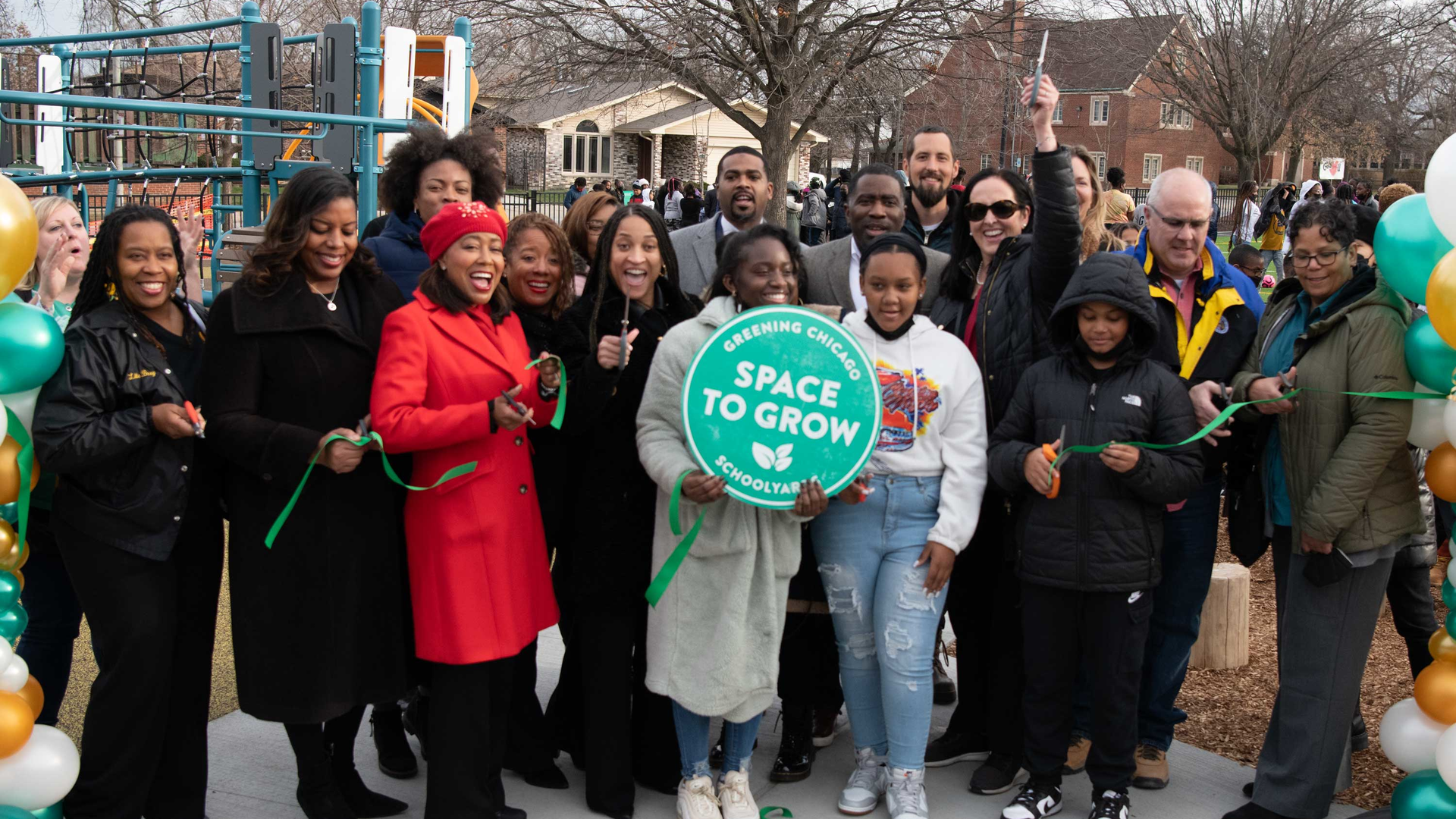 MWRD officials joined Space to Grow&circledR; project partners to cut the ribbon on the new schoolyard at Black Magnet Elementary School.