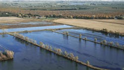 An aerial view of agricultural fields covered with water in Butte County.