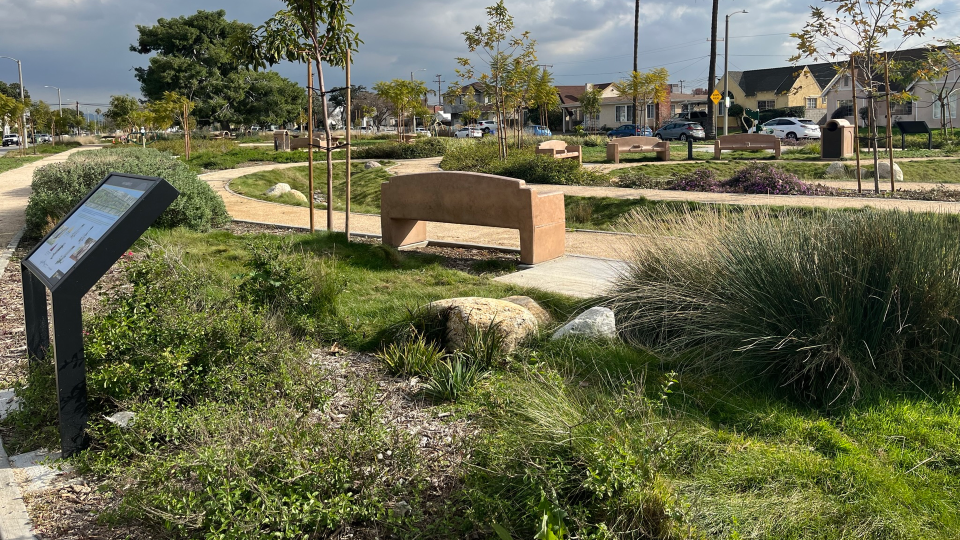 In a project similar to the Merced Avenue Greenway, a median was installed in East LA that captures and filters stormwater while providing greenspace, walking paths, and educational signage.