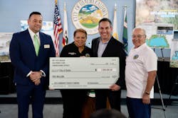 Left to right: Andy Carrizales, Rialto Mayor Tem, Rialto Mayor Deborah Robertson, Congressmember Pete Aguilar, and Rialto Councilmember Joe Baca. Congressmember Agulair presents a $2 million check to Mayor Robertson for Lake Rialto. Left to right: Andy Carrizales, Rialto Mayor Tem, Rialto Mayor Deborah Robertson, Congressmember Pete Aguilar, and Rialto Councilmember Joe Baca. Congressmember Agulair presents a $2 million check to Mayor Robertson for Lake Rialto.