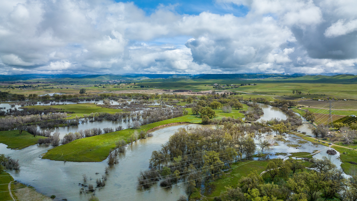 A view from a drone of a groundwater recharge project at Ball Ranch near San Joaquin River in Madera County, California.