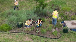 Crew performing maintenance and infiltration testing on rain garden. Crew performing maintenance and infiltration testing on rain garden.